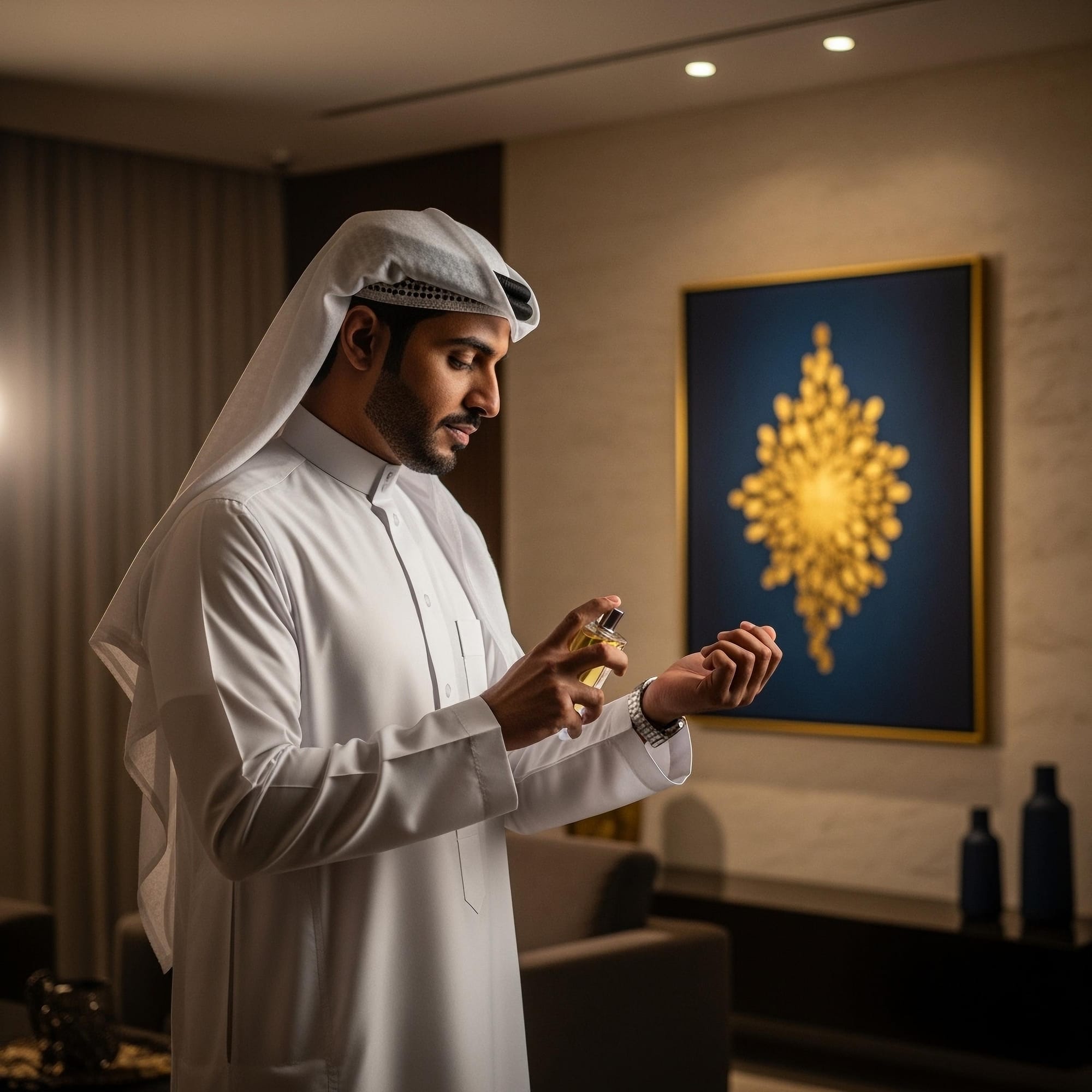 Arab man applying cologne