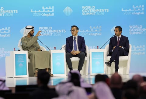 Omar Sultan Alolama, Minister of State for Artificial Intelligence, Digital Economy and Remote Work Applications, Joseph Tsai, Chairman and Co-founder of Alibaba Group and Chamath Palihapitiya, Founder and Managing Partner of Social Capital during a session  “Where Is AI Heading?” on the second day of World Government Summit. 