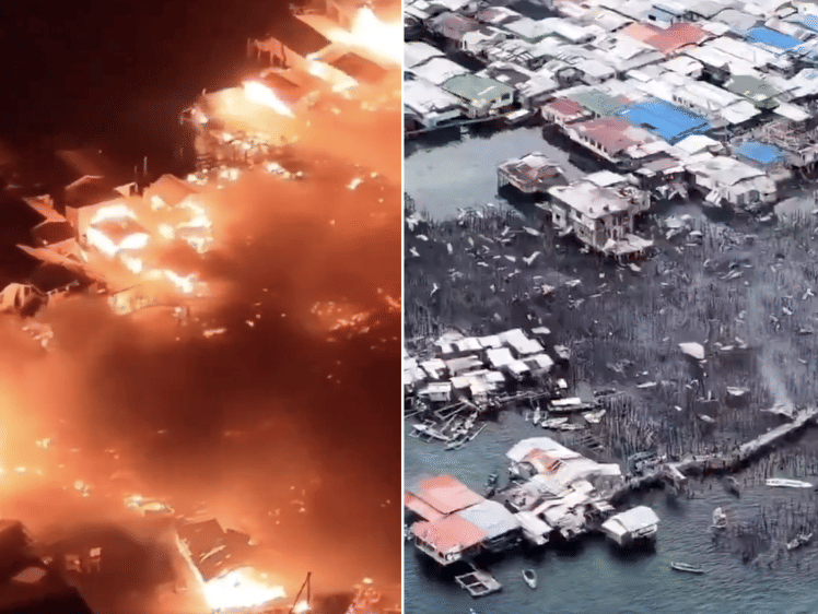 Aerial footage captures the harrowing scene: flames engulfing rows of rooftops, thick smoke billowing into the night sky, and structures collapsing in a sea of orange inferno (left). At right, the fire's aftermath.

