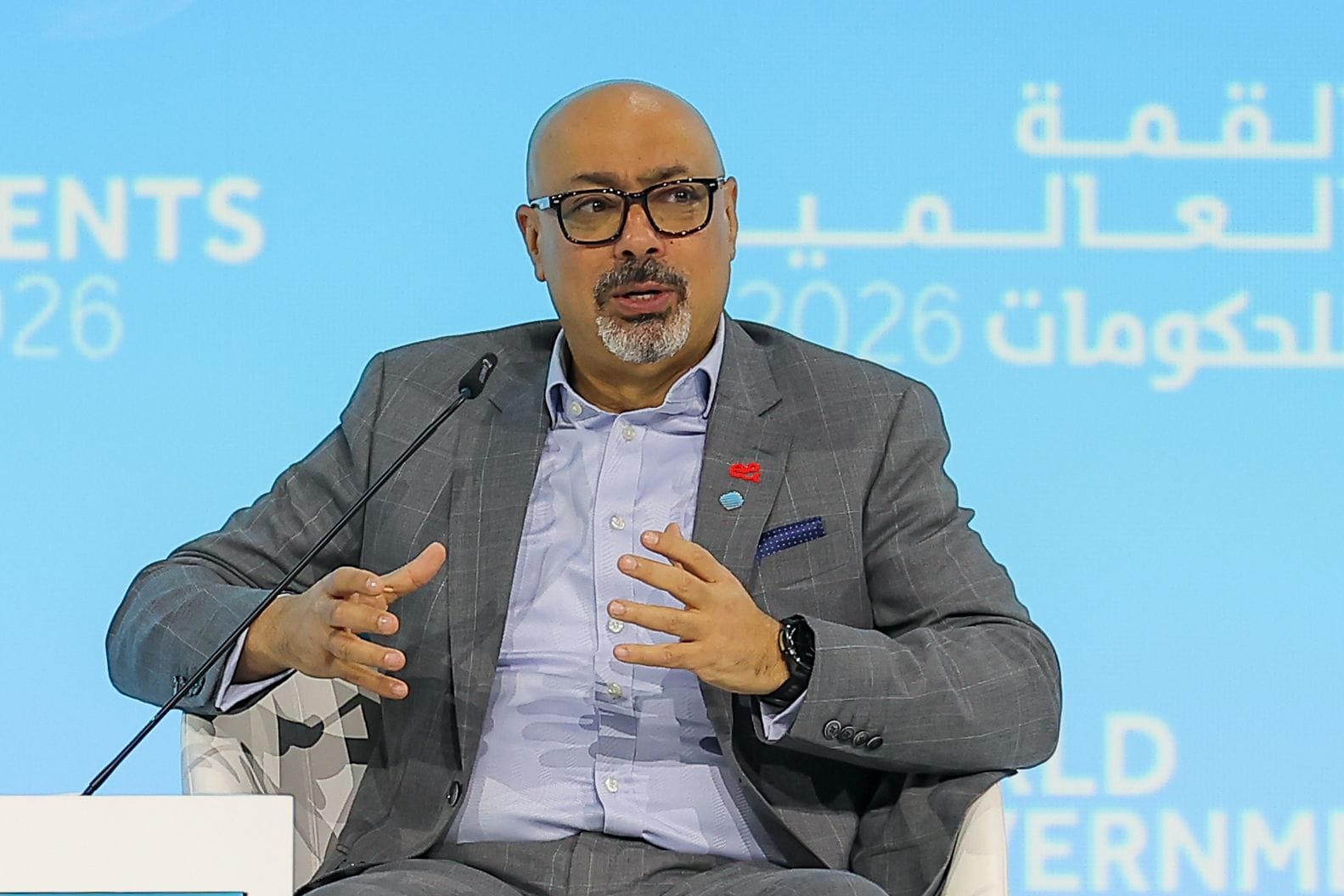 Hatem Dowidar, CEO of e&, speaks on stage at the World Government Summit in Dubai during a discussion on 6G technology and the future of digital connectivity.