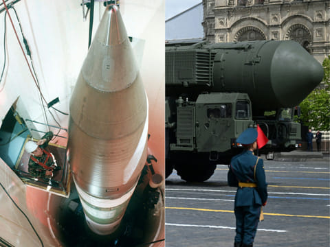 An Air Force technician inspecting an LGM-30G Minuteman III missile inside a silo about 60 miles from Grand Forks Air Force Base, in North Dakota. A RS-24 Yars intercontinental ballistic missile system drives across Red Square during the Victory Day military parade in central Moscow on May 9, 2025.. The last nuclear treaty between Russia and the United States expired on February 5, 2026, abruptly ending decades of restrictions on how many warheads the two top powers can deploy and triggering fears of a global arms race. 