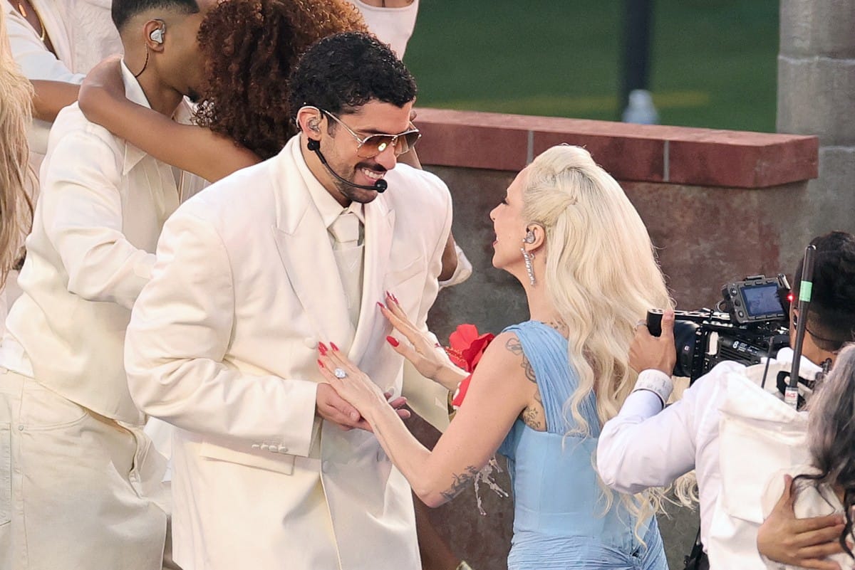 Lady Gaga performs with Bad Bunny onstage during the Apple Music Super Bowl LX Halftime Show at Levi's Stadium on February 08, 2026 in Santa Clara, California.