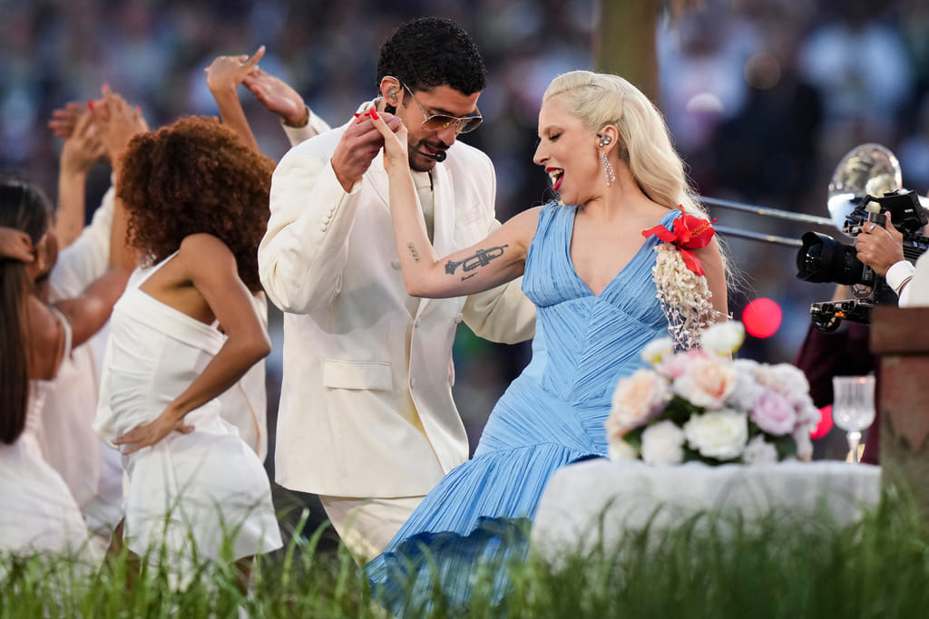 Bad Bunny and Lady Gaga perform during halftime of the NFL Super Bowl 60 football game between the New England Patriots and the Seattle Seahawks, Sunday, Feb. 8, 2026, in Santa Clara, Calif. 