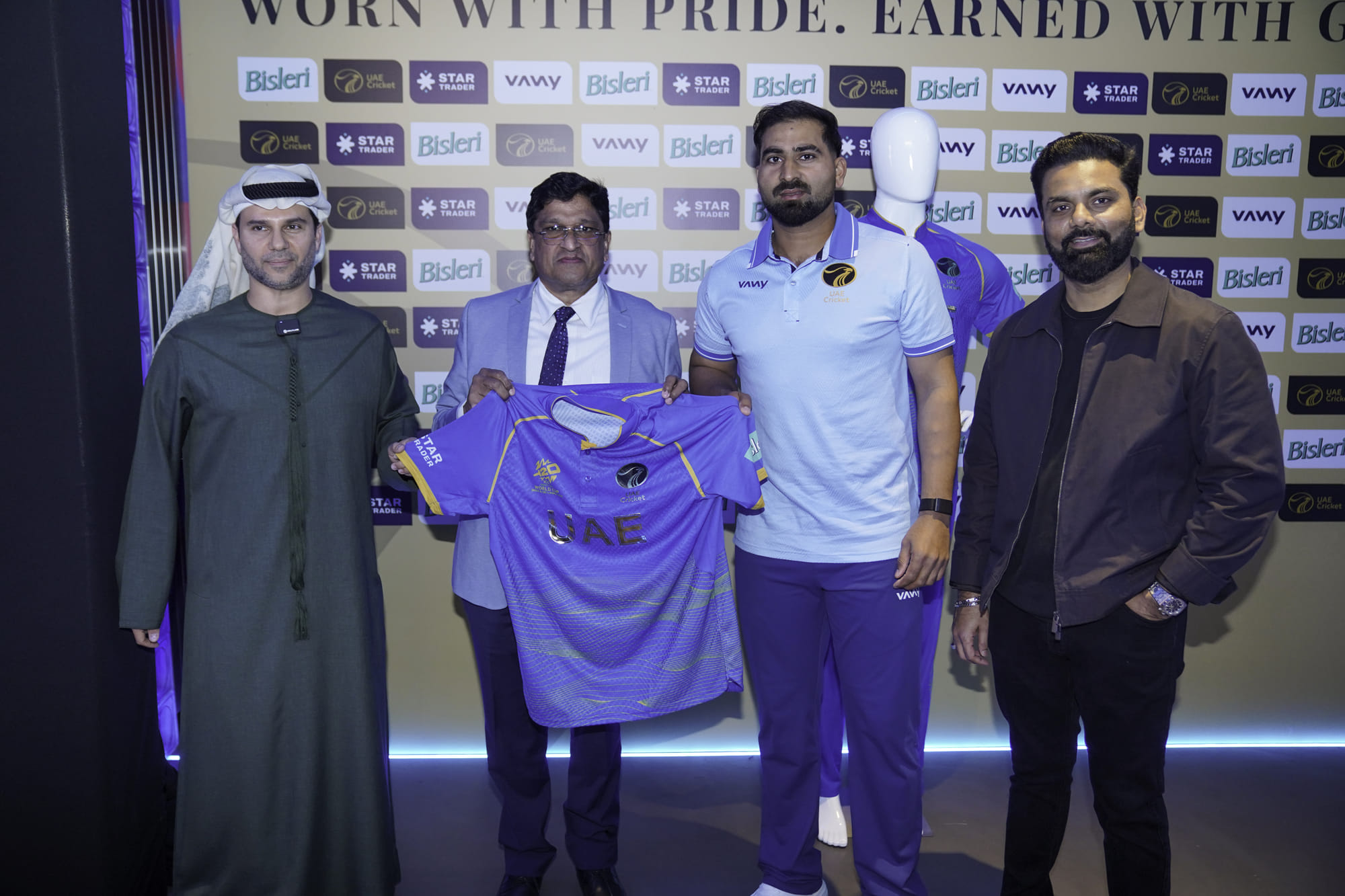 UAE captain Muhammad Waseem during the launch of the UAE kit for the ICC T20 World Cup. Also seen Mubashshir Usmani on the right.