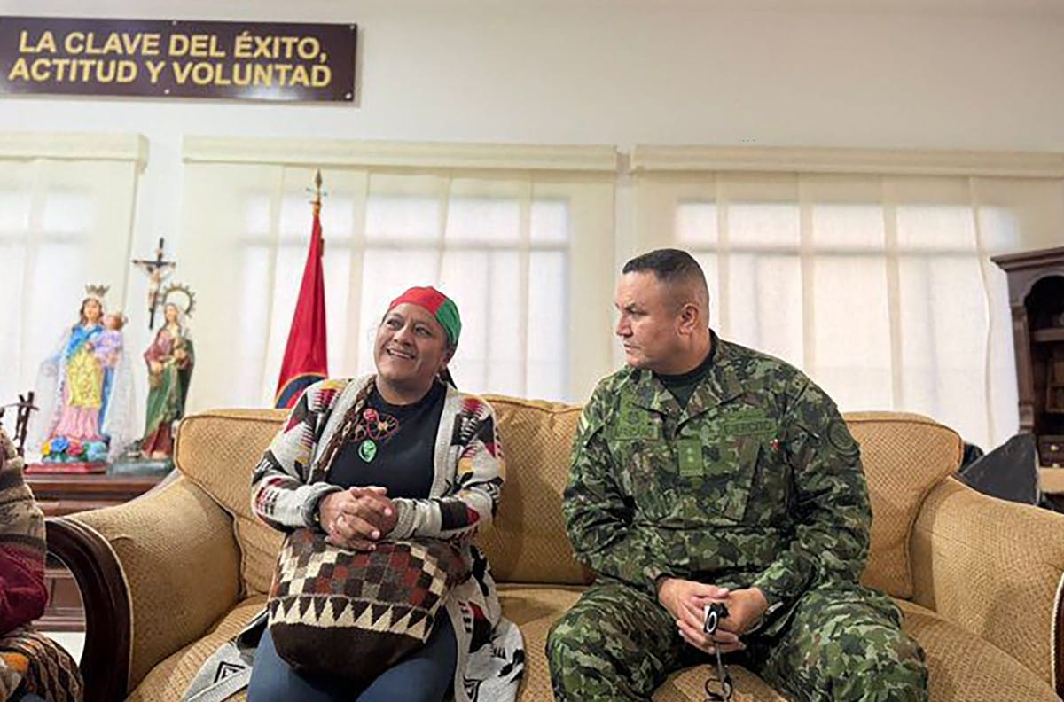 This handout picture released by the Colombian Army press office shows Colombian Indigenous senator Aida Quilcue (L) and Brigadier General Hernando Africano (R) after being freed from kidnapping at General Jose Hilario Lopez military canton in Popayan, Colombia on February 10, 2026.