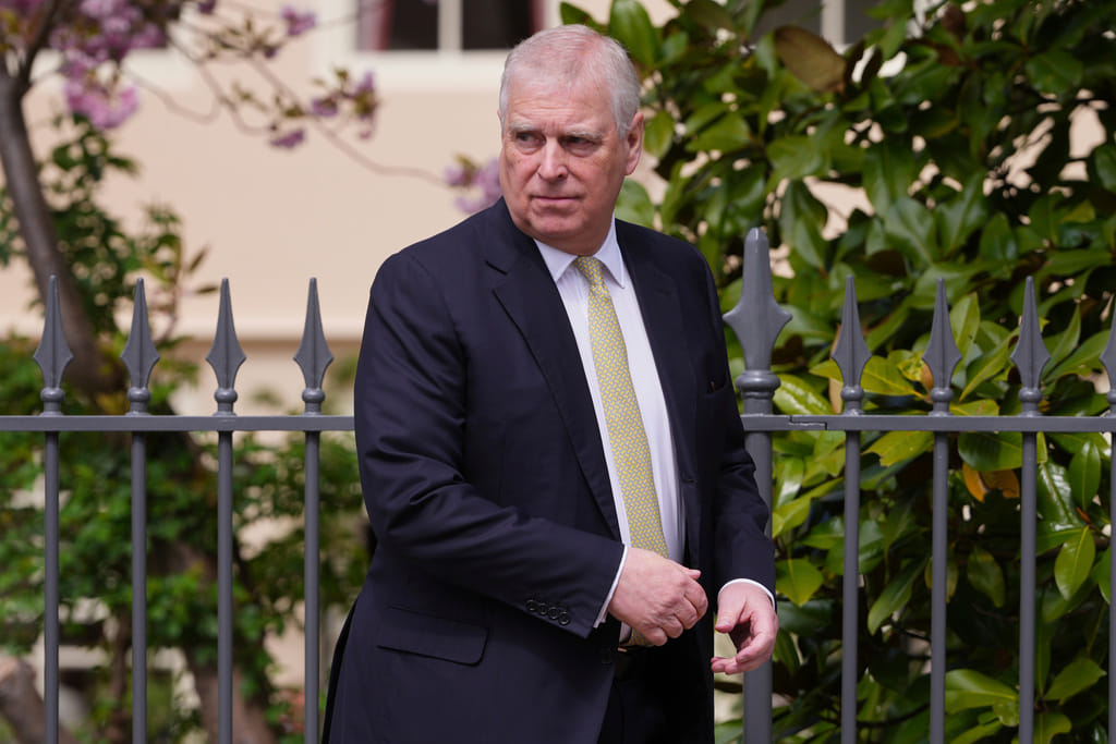 Britain's Andrew Mountbatten-Windsor, formerly known as Prince Andrew, looks round as he leaves after attending the Easter Matins Service at St. George's Chapel, Windsor Castle, England, April 20, 2025.
