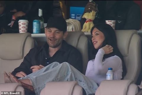Tobey Maguire and Mishka Silva together in a VIP area at Super Bowl 