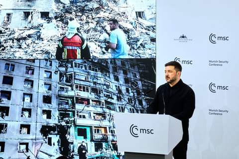 Ukraine's President Volodymyr Zelenskyy addresses the audience during a session at the Munich Security Conference in Munich, Germany, Saturday, Feb. 14, 2026.