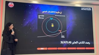 Dr Nora Al Saeed explaining the vantage point from where the Emirates Mars Mission's Hope Probe explored the alien comet 3I/ATLAS in Dubai on Tuesday.