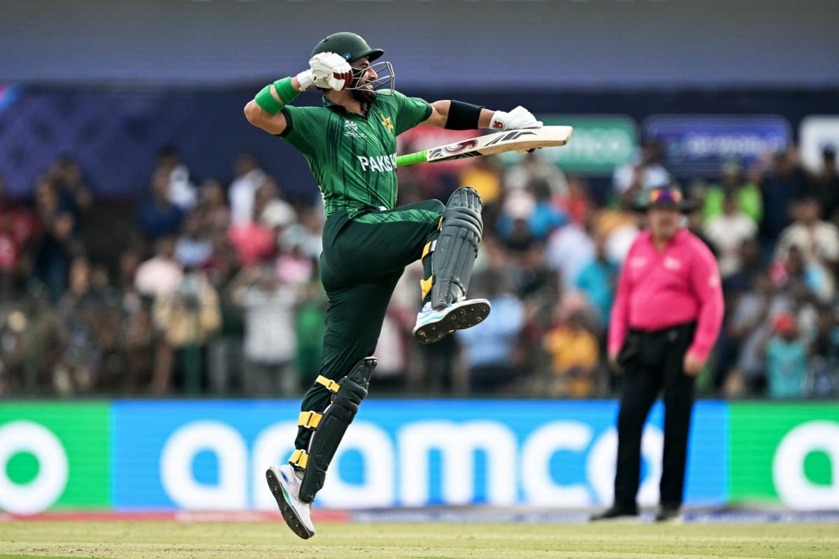 Pakistan's Sahibzada Farhan celebrates after scoring a century (100 runs) during the 2026 ICC Men's T20 Cricket World Cup group stage match between Pakistan and Namibia at the Sinhalese Sports Club (SSC) Ground in Colombo on February 18, 2026.