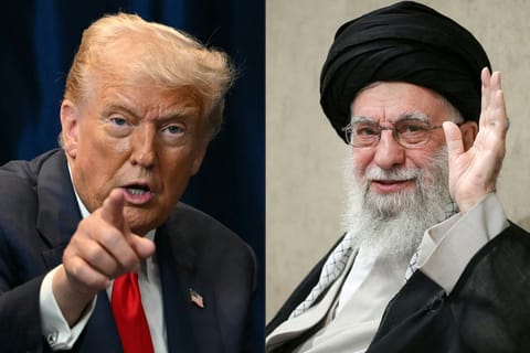 This combination of pictures created on February 20, 2026 shows US President Donald Trump (L) gesturing during a bilateral meeting on the sidelines of the 47th Association of Southeast Asian Nations (ASEAN) Summit in Kuala Lumpur on October 26, 2025; and a handout picture provided by the office of Iran’s Supreme Leader Ayatollah Ali Khamenei shows him waving during a ceremony in Tehran on August 24, 2025.