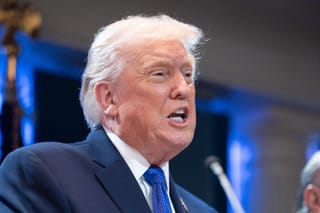 President Donald Trump answers questions during a press briefing held at the White House February 20, 2026 in Washington, DC. 