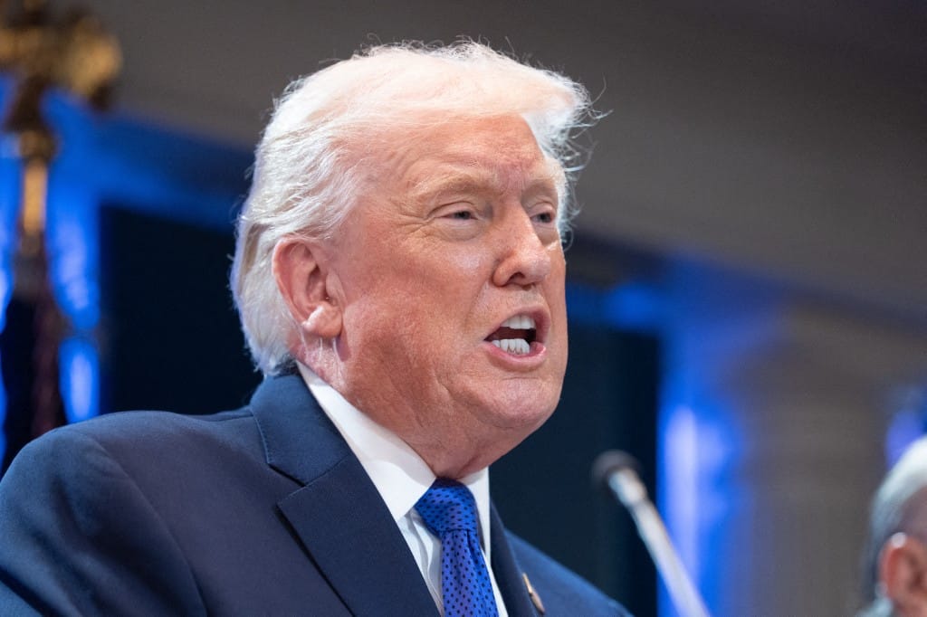 President Donald Trump answers questions during a press briefing held at the White House February 20, 2026 in Washington, DC. 