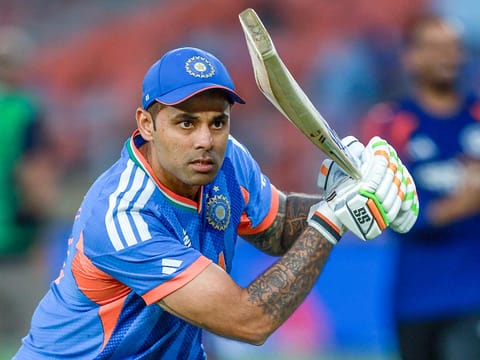 Indian skipper Suryakumar Yadav bats during a warm-up session in Ahmedabad. 