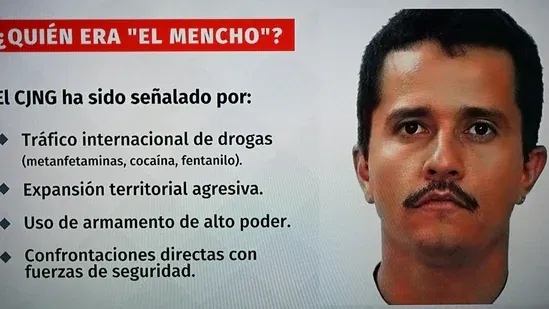 This screen shot from the Mexican TV shows an image of Nemesio Oeguera Cervantes, aka "El Mencho"
