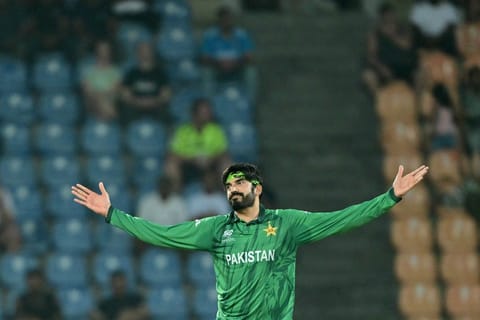 Pakistan's Usman Tariq celebrates after taking the wicket of England's Sam Curran during the 2026 ICC Men's T20 Cricket World Cup Super Eights match between England and Pakistan at the Pallekele International Cricket Stadium in Kandy on February 24, 2026.