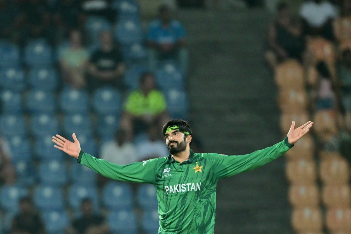 Pakistan's Usman Tariq celebrates after taking the wicket of England's Sam Curran during the 2026 ICC Men's T20 Cricket World Cup Super Eights match between England and Pakistan at the Pallekele International Cricket Stadium in Kandy on February 24, 2026.