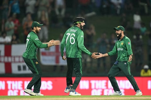 Pakistan's Usman Tariq (C) celebrates with teammates after taking the wicket of England's Tom Banton during the 2026 ICC Men's T20 Cricket World Cup Super Eights match between England and Pakistan at the Pallekele International Cricket Stadium in Kandy on February 24, 2026.