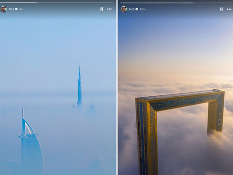 Dubai's iconic landmarks appearing to float amidst the fog.
