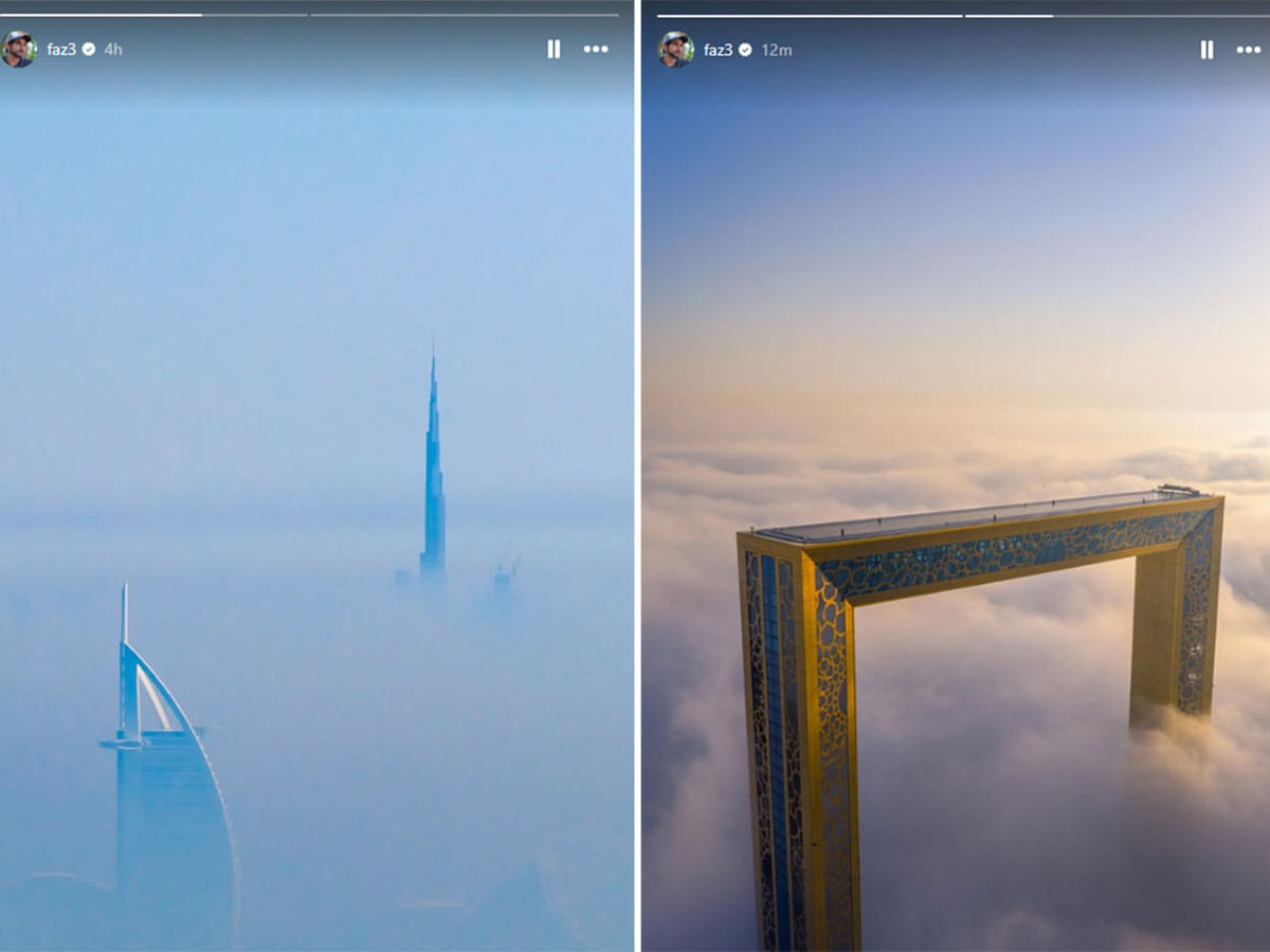 Dubai's iconic landmarks appearing to float amidst the fog.