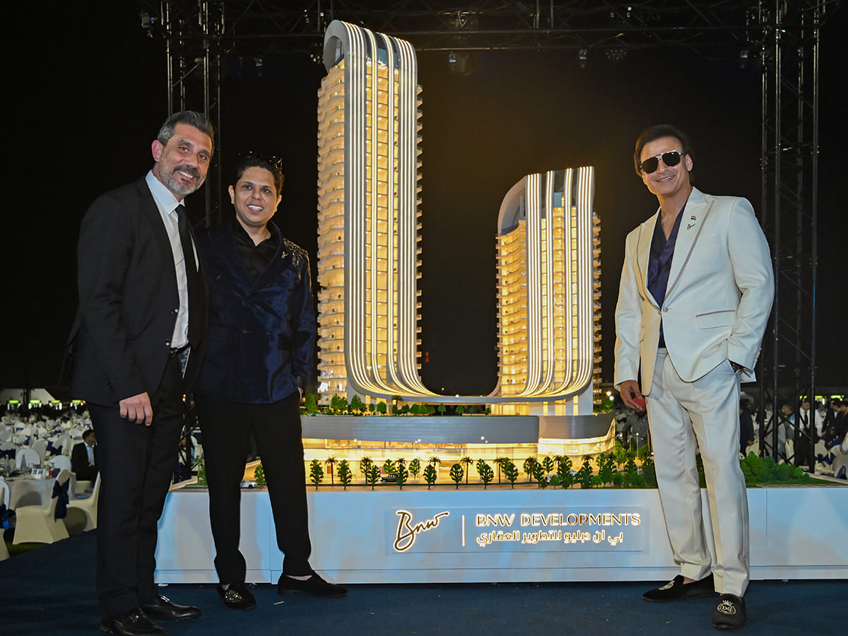 Khaled Assaf, Commercial Director, Marjan; Dr Ankur Aggarwal, Chairman and Founder, BNW Developments; and Dr Vivek Anand Oberoi, Managing Director and Co-Founder, BNW Developments; during the launch of Radisson Blu Hotel and Radisson Blu Residences in RAK Central.
