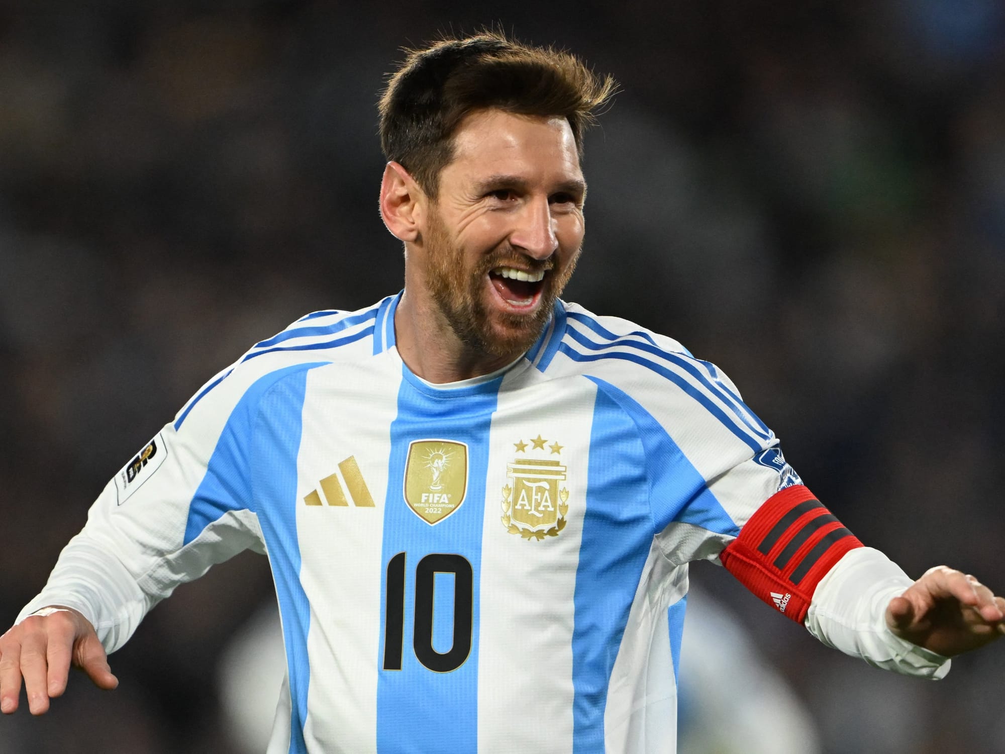 Argentina's forward #10 Lionel Messi celebrates after scoring his second goal during the 2026 FIFA World Cup South American qualifiers football match between Argentina and Venezuela at the Mas Monumental stadium in Buenos Aires on September 4, 2025.