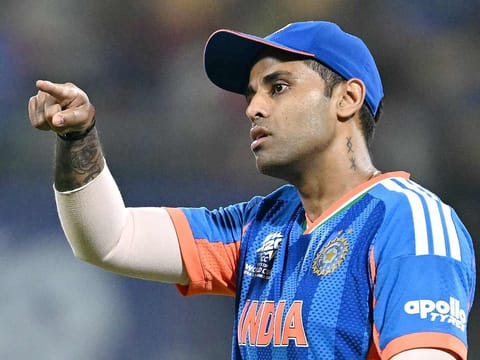 India's captain Suryakumar Yadav gestures during the T20 World Cup Super Eights match against Zimbabwe at the MA Chidambaram Stadium in Chennai on February 26, 2026. 