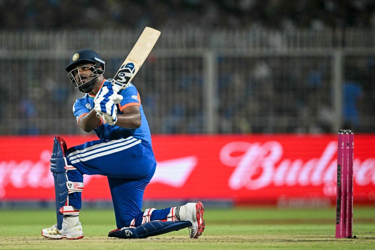 India's Sanju Samson plays a shot during the 2026 ICC Men's T20 Cricket World Cup Super Eights match between India and West Indies at the Eden Gardens in Kolkata on March 1, 2026.