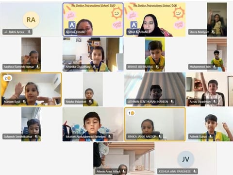 KG students of The Indian International School, Dubai Silicon Oasis, attend online lessons on Monday. 