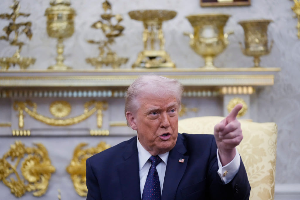 President Donald Trump speaks during a meeting with German Chancellor Friedrich Merz in the Oval Office at the White House, Tuesday, March 3, 2026, in Washington. (AP Photo/Mark Schiefelbein)