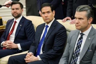 Vice President JD Vance, U.S. Secretary of State Marco Rubio and U.S. Secretary of War Pete Hegseth look on during a bilateral meeting with U.S. President Donald Trump and German Chancellor Friedrich Merz in the Oval Office of the White House on March 03, 2026 in Washington, DC. Trump and Merz are expected to discuss a range of topics including the recent U.S. and Israeli attacks on Iran and international tariffs imposed by the Trump administration.