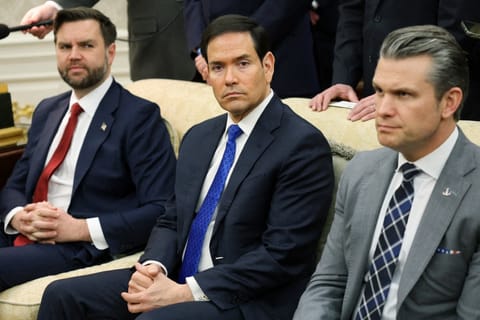 Vice President JD Vance, U.S. Secretary of State Marco Rubio and U.S. Secretary of War Pete Hegseth look on during a bilateral meeting with U.S. President Donald Trump and German Chancellor Friedrich Merz in the Oval Office of the White House on March 03, 2026 in Washington, DC. Trump and Merz are expected to discuss a range of topics including the recent U.S. and Israeli attacks on Iran and international tariffs imposed by the Trump administration.