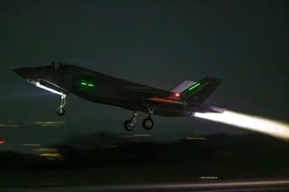 A handout photo taken on March 1, 2026 at the Royal Air Force (RAF) base in Akrotiri in Cyrpus and released by the British Ministry of Defence (MOD) on March 3, 2026 shows F-35B Lightning II Joint Strike Fighters from Britain's Royal Air Force (RAF) taking off for operations across the Middle East.