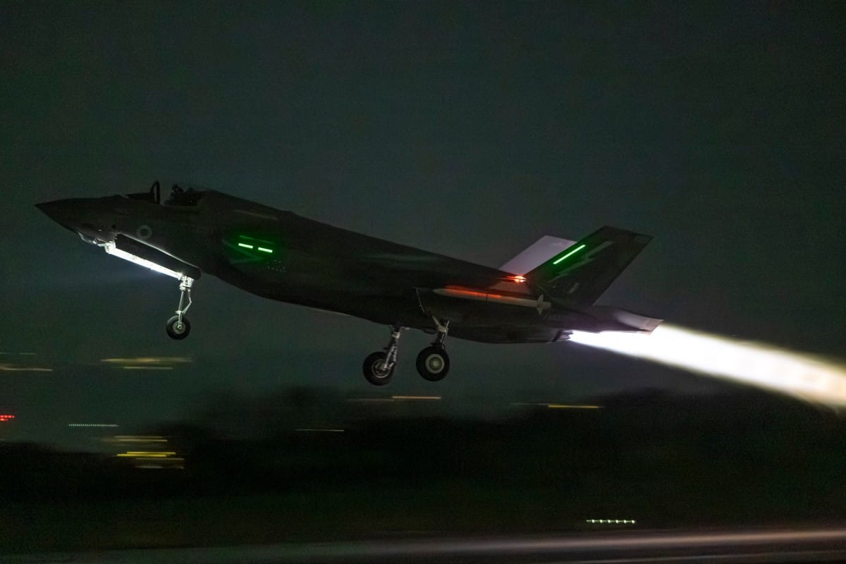 A handout photo taken on March 1, 2026 at the Royal Air Force (RAF) base in Akrotiri in Cyrpus and released by the British Ministry of Defence (MOD) on March 3, 2026 shows F-35B Lightning II Joint Strike Fighters from Britain's Royal Air Force (RAF) taking off for operations across the Middle East.