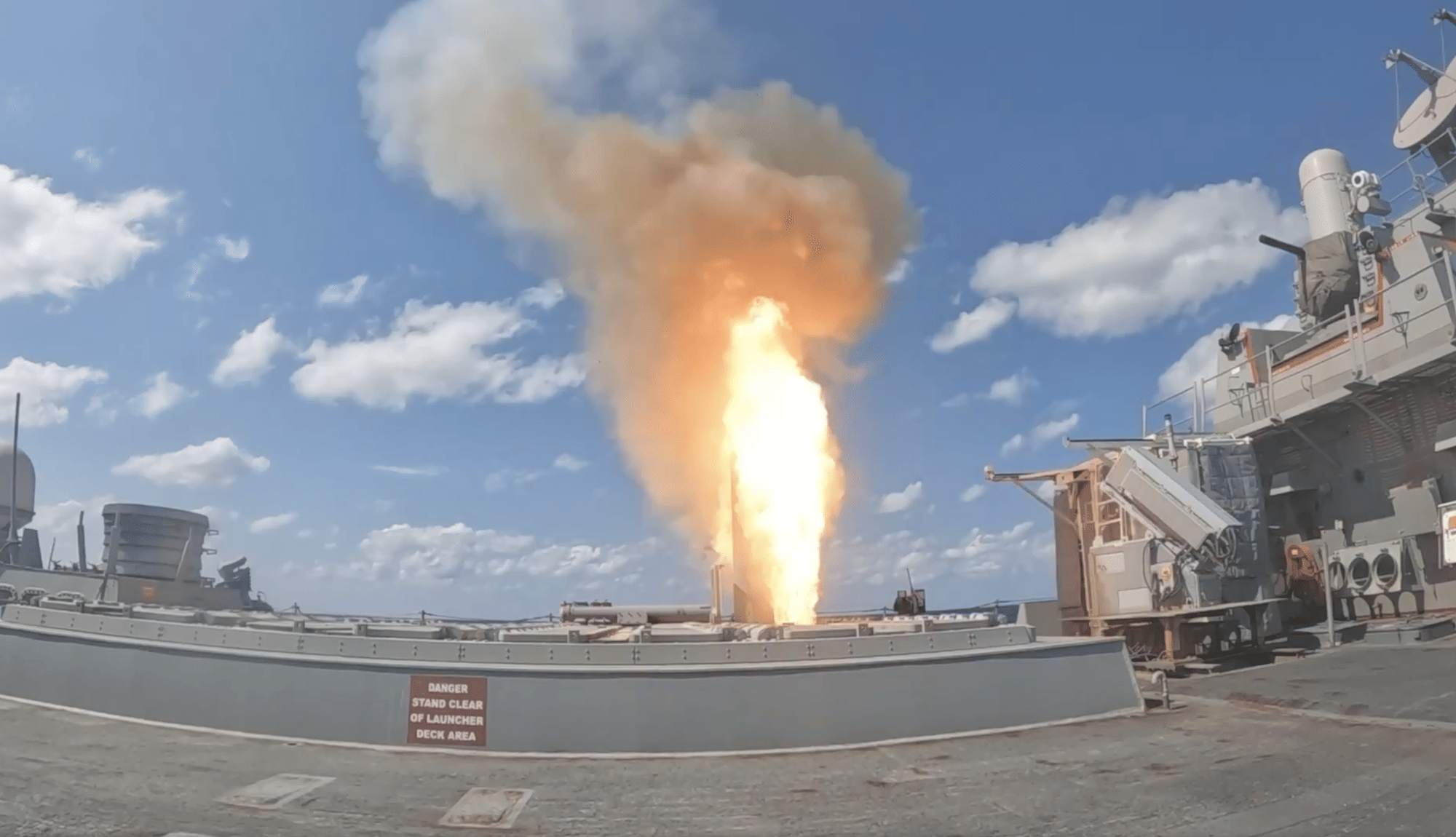 A missile launched from a US Navy ship. Targets include a wide array of sites, not just discrete “installations” but also individual missile batteries, radar arrays, hardened bunkers, launchers, and command facilities.