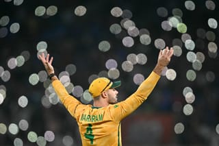 South Africa's captain Aiden Markram gestures during the 2026 ICC Men's T20 Cricket World Cup semi-final match between New Zealand and South Africa at the Eden Gardens in Kolkata on March 4, 2026.