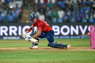 England's Jacob Bethell plays a shot during the 2026 ICC Men's T20 Cricket World Cup semi-final match between India and England at the Wankhede Stadium in Mumbai on March 5, 2026.
