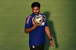 India's Sanju Samson attends a practice session at the Narendra Modi Stadium in Ahmedabad on March 7, 2026 on the eve of the 2026 ICC Men's T20 Cricket World Cup final match against New Zealand.