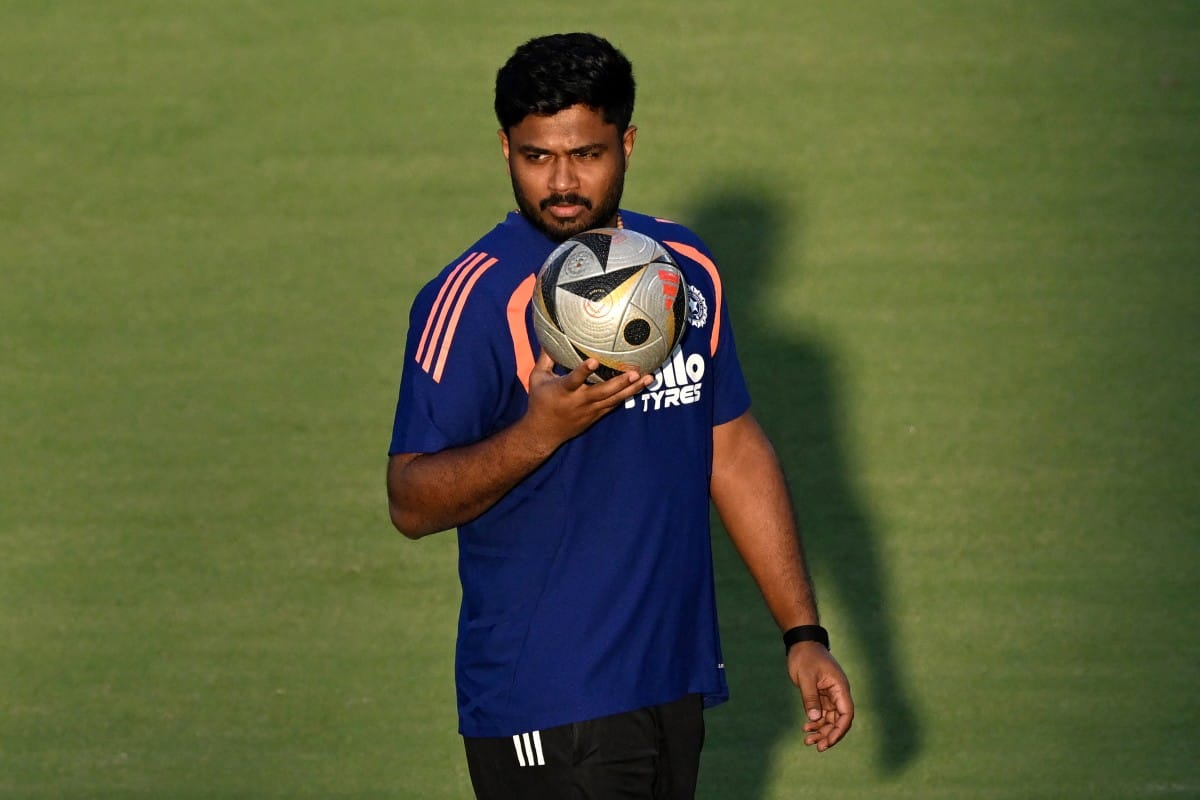 India's Sanju Samson attends a practice session at the Narendra Modi Stadium in Ahmedabad on March 7, 2026 on the eve of the 2026 ICC Men's T20 Cricket World Cup final match against New Zealand.