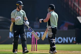 New Zealand's Finn Allen (L) and Tim Seifert attend a practice session at the Narendra Modi Stadium in Ahmedabad on March 7, 2026 on the eve of the 2026 ICC Men's T20 Cricket World Cup final match between India and New Zealand.