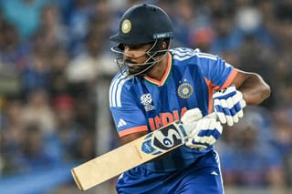 India's Sanju Samson plays a shot during the 2026 ICC Men's T20 Cricket World Cup final match between India and New Zealand at the Narendra Modi Stadium in Ahmedabad on March 8, 2026.