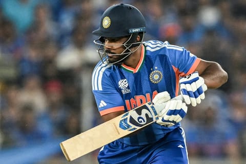 India's Sanju Samson plays a shot during the 2026 ICC Men's T20 Cricket World Cup final match between India and New Zealand at the Narendra Modi Stadium in Ahmedabad on March 8, 2026.