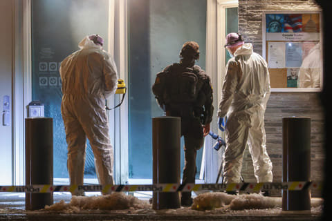 Norwegian police and technicians attend at the US Embassy in Oslo, Norway Sunday, March 8, 2026.  