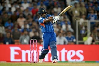 India's Sanju Samson plays a shot during the 2026 ICC Men's T20 Cricket World Cup final match between India and New Zealand at the Narendra Modi Stadium in Ahmedabad on March 8, 2026.