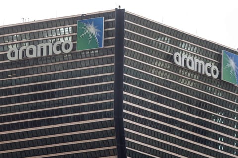 A view of the logo on the Aramco headquarter, the national Saudi Arabian Oil Company, towers in the King Abdullah Financial District of Riyadh on March 9, 2026.