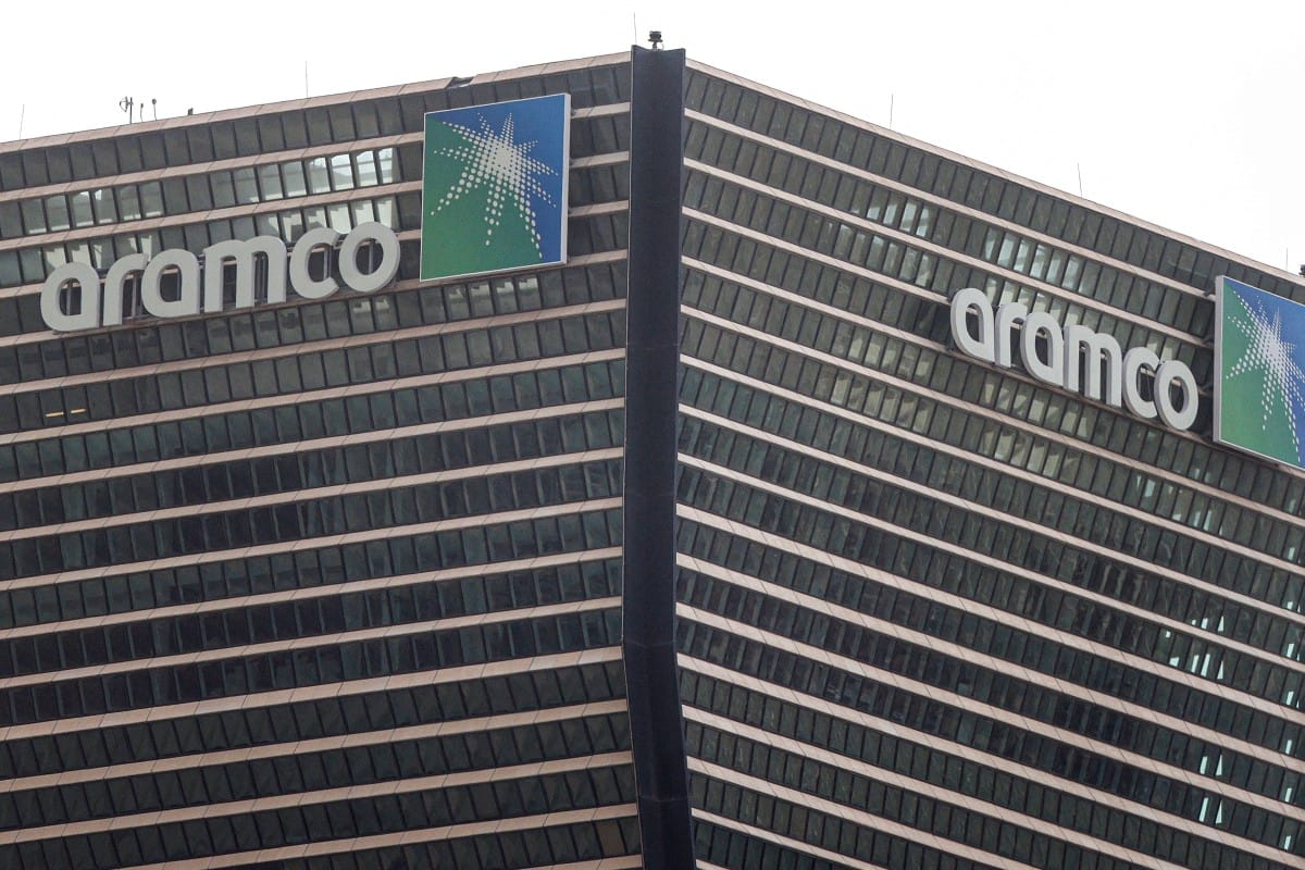A view of the logo on the Aramco headquarter, the national Saudi Arabian Oil Company, towers in the King Abdullah Financial District of Riyadh on March 9, 2026.