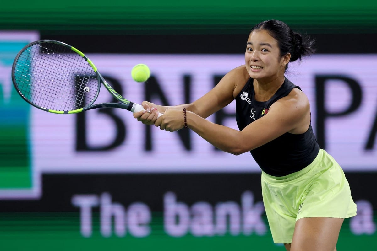 Alexandra Eala of the Philippines returns a shot to Linda Noskova of Czechia during Day 7 of the BNP Paribas Open at the Indian Wells Tennis Garden on March 10, 2026 in Indian Wells, California.