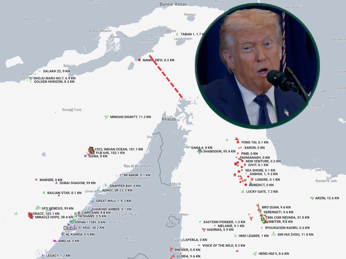 A geotagged map showing the absence of tanker traffic on the Strait of Hormuz with US President Donald Trump (inset). On March 9, the US leader addressed concerns about global oil supply disruptions through the narrow strait, warning Iran against further interference and outlining measures to stabilise energy prices, such as offering political risk insurance for tankers, releasing strategic petroleum reserves and temporarily waiving certain oil-related sanctions. 