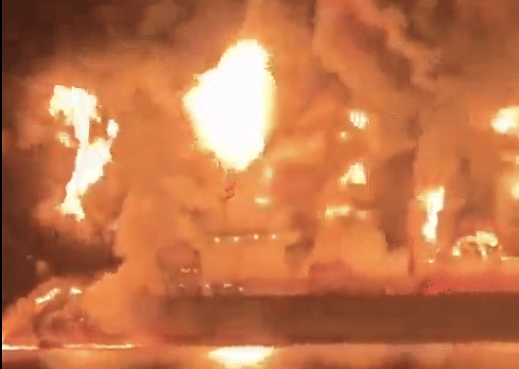 A screengab of a video shared on X, supposedly showing one of the two oil tankers attacked near Iraq, which killed at least one crew member, an Indian national, as Iran pressed a campaign aimed at disrupting global energy markets in retaliation for US and Israeli strikes.
