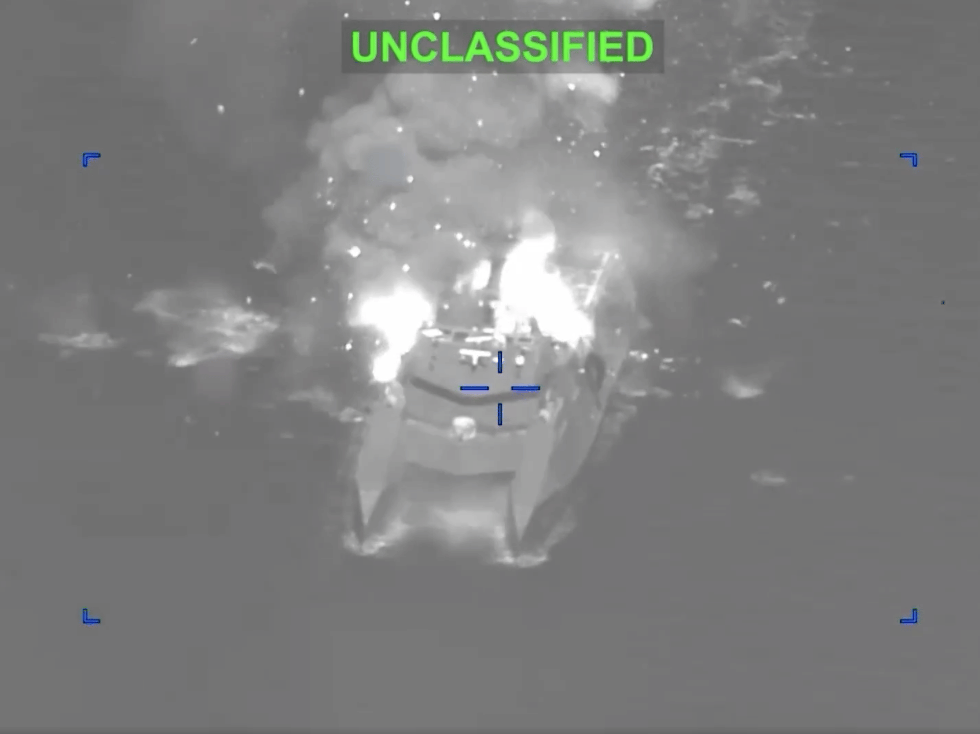 A screengrab from a video shared by the US Central Command showing an Iranian combat ship up in flames after being hit in a precision strike. American Admiral Brad Cooper said "strike waves" were carried out nearly every hour from different locations and directions going into Iran. 
